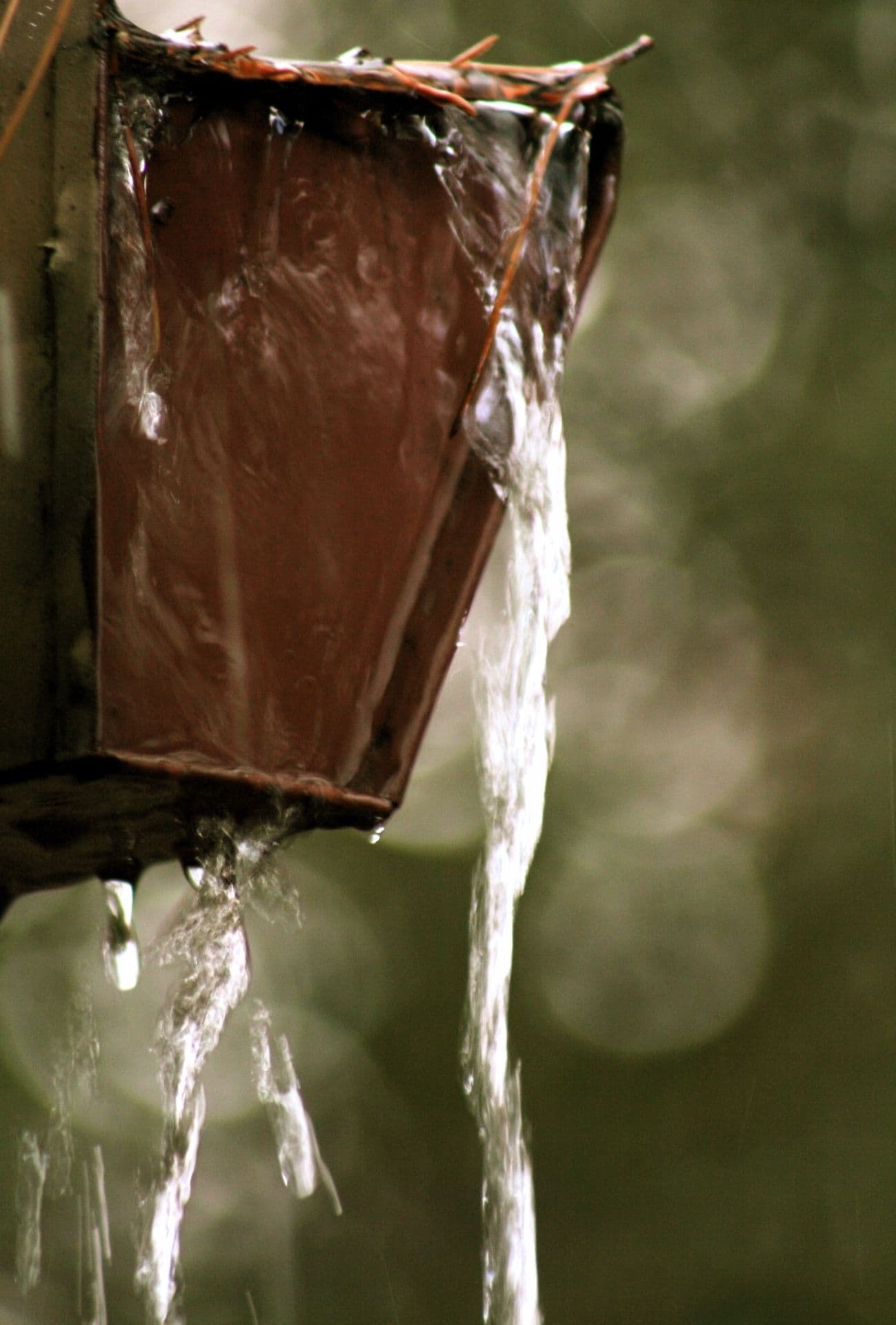 A clogged gutter overflows with water.
